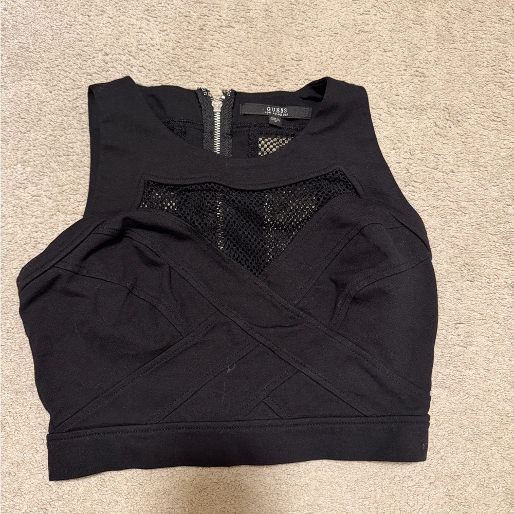 Vintage Style Black Guess Mesh Full Zip Crop Top - Size Medium